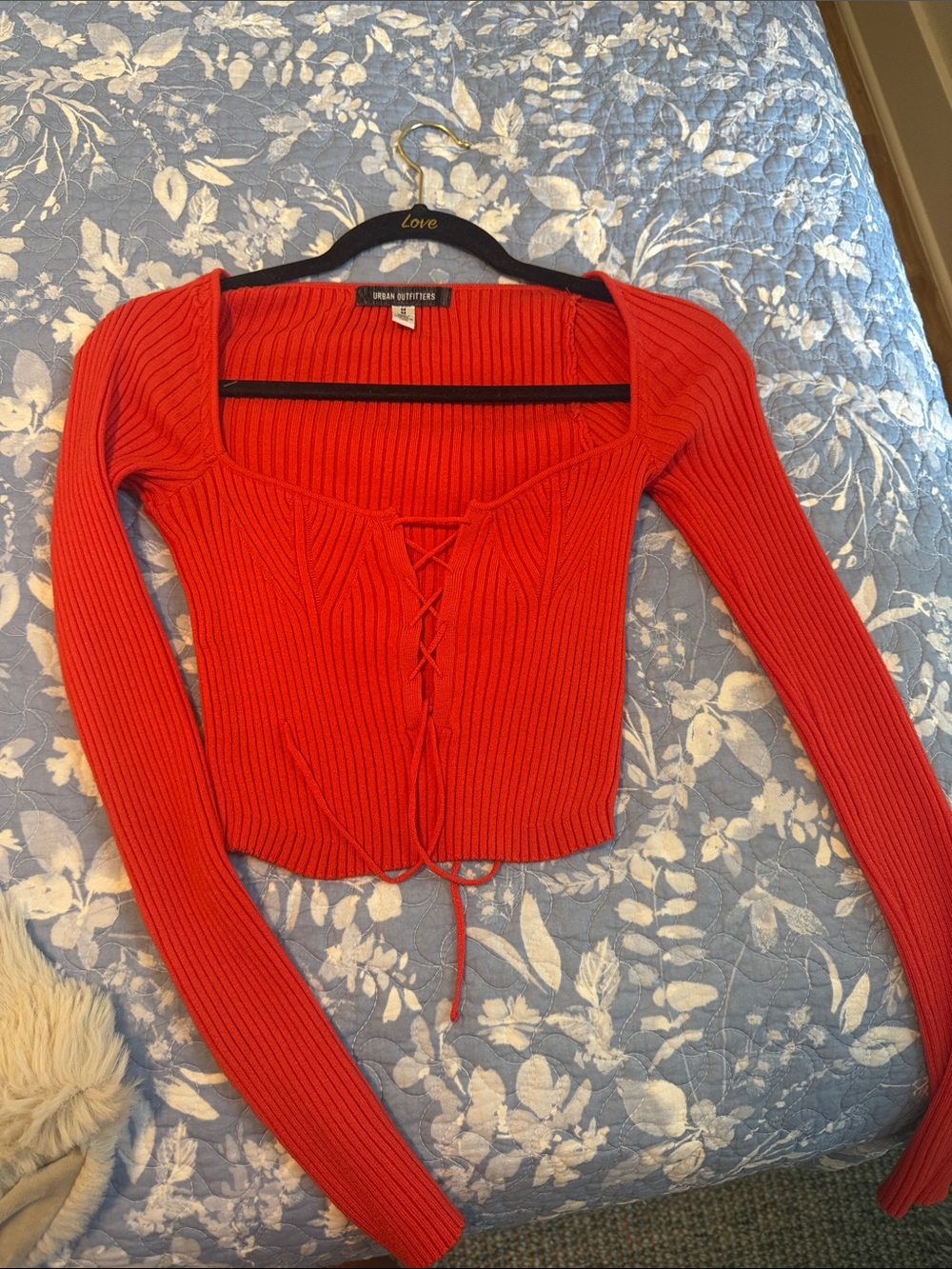 Urban Outfitters Bright Red Ribbed Lace-Up Long Sleeve Top